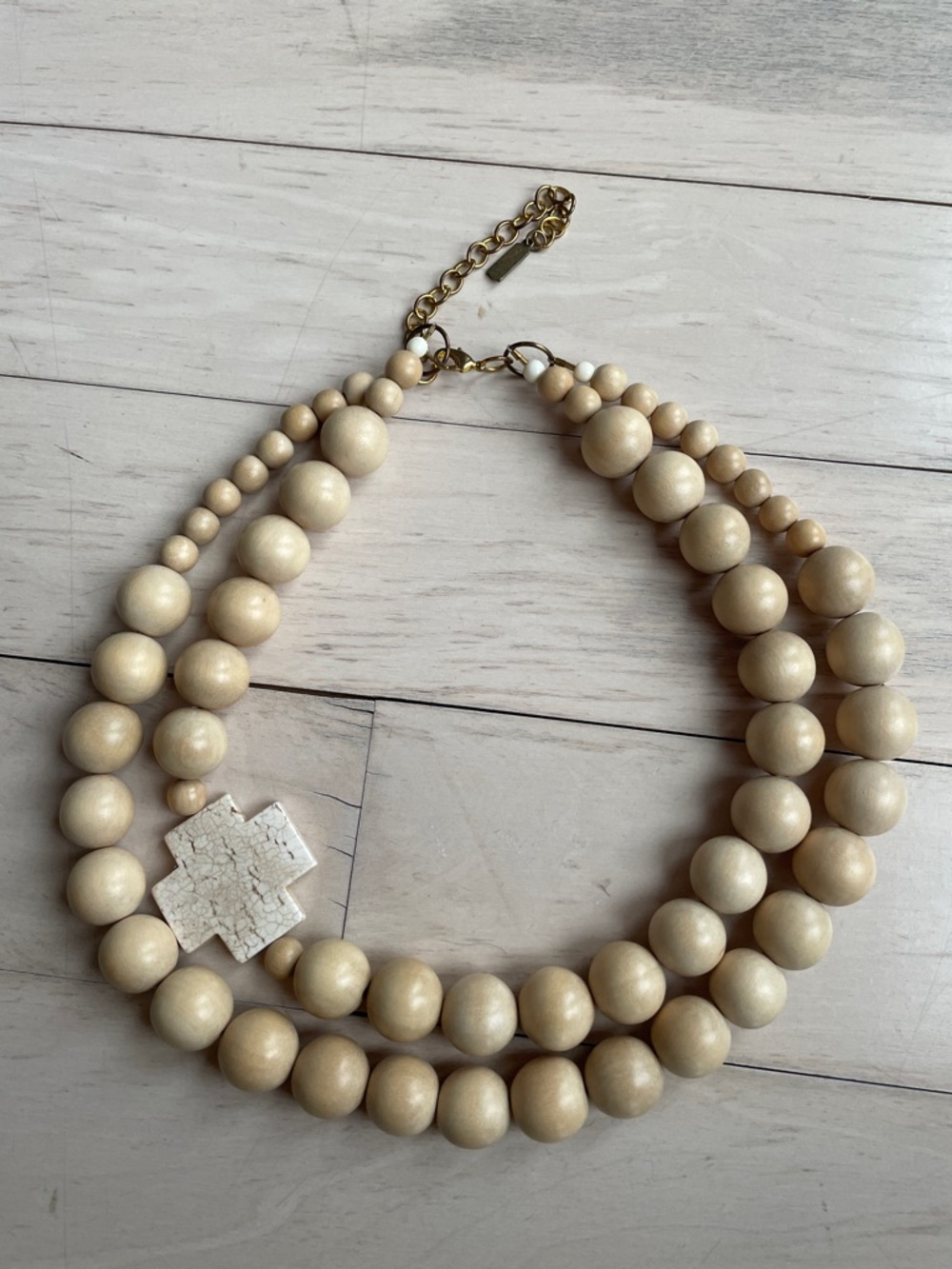Wood Beaded Statement Necklace with Cross Accent